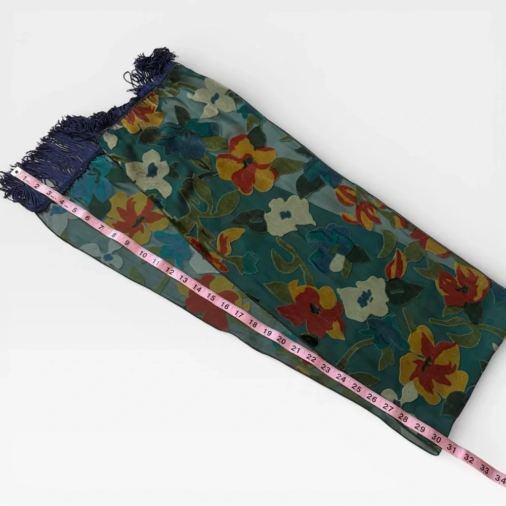 Vintage Multicolor Sheer Floral Velvet Burnout Scarf Fringe Boho Romantic